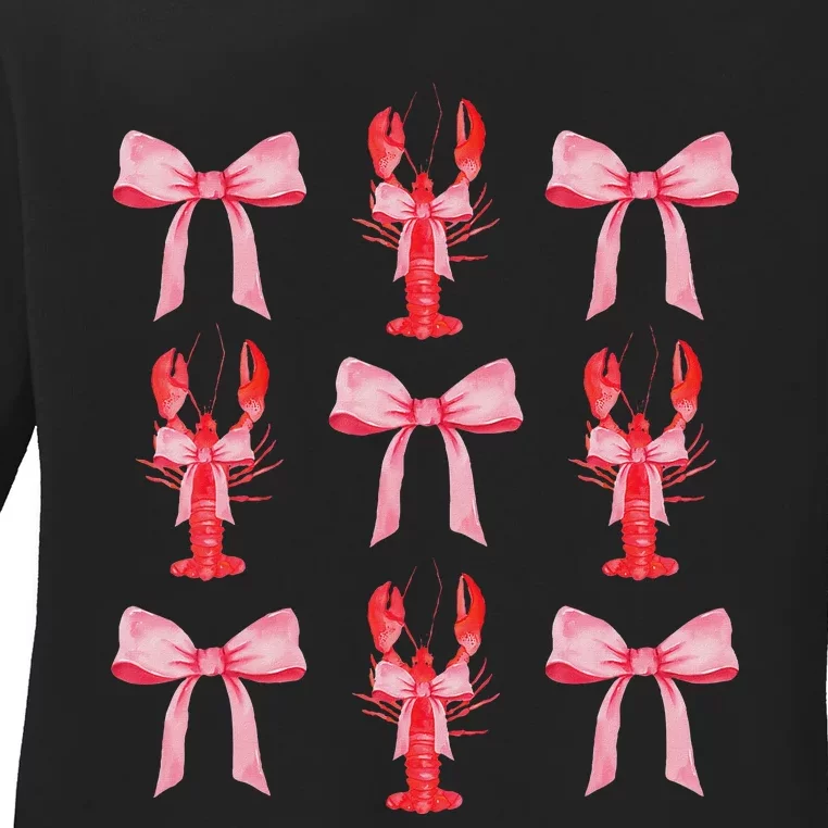 Cute Pink Bow Coquette Crawfish Aesthetic Ladies Long Sleeve Shirt