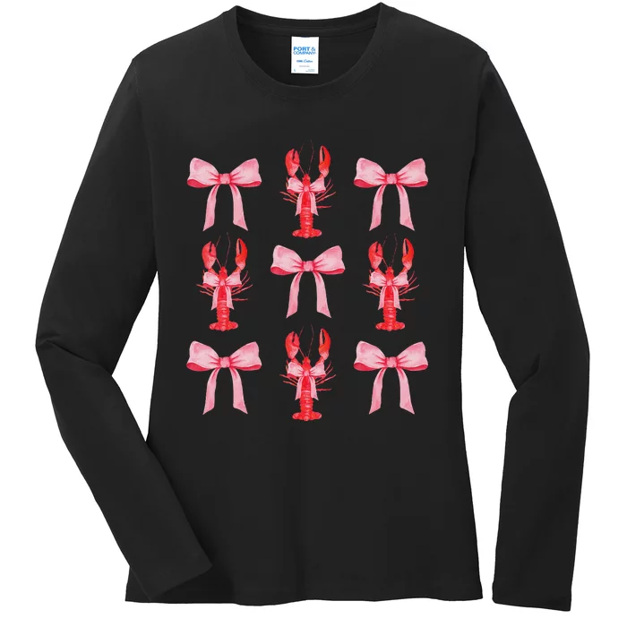 Cute Pink Bow Coquette Crawfish Aesthetic Ladies Long Sleeve Shirt