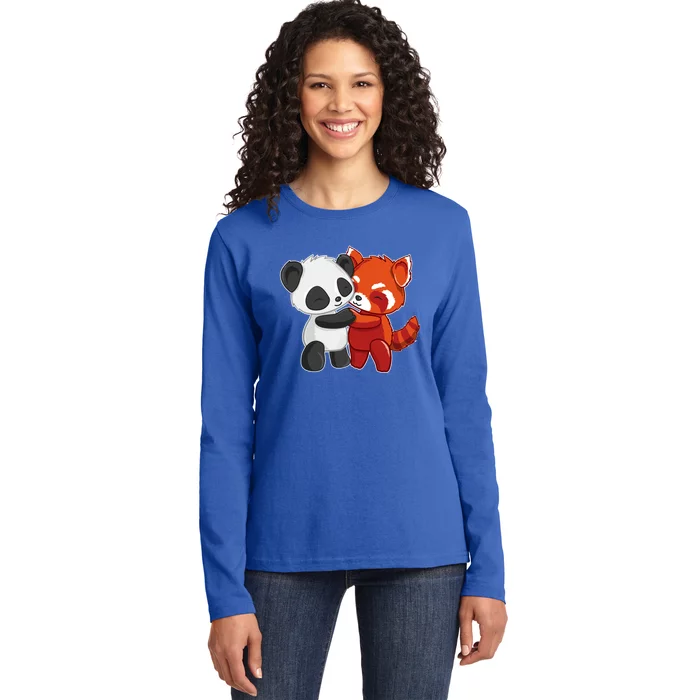 Chibi Panda Bear Hugs Red Panda Gift Cute Gift Ladies Long Sleeve Shirt