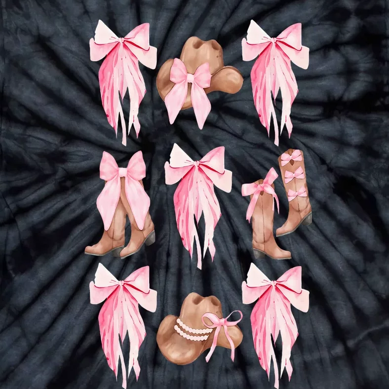 Coquette Pink Bow Cowboy Boots Hat Western Country Cowgirl Tie-Dye T-Shirt