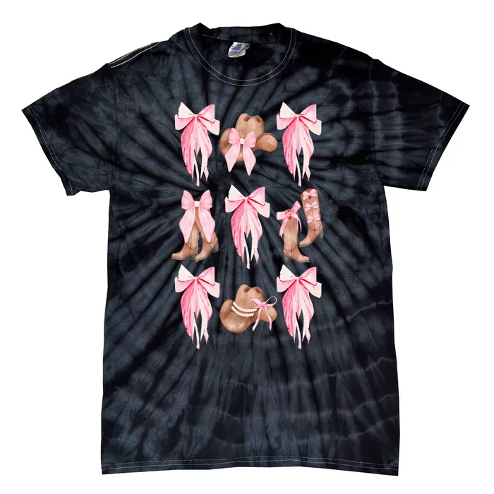 Coquette Pink Bow Cowboy Boots Hat Western Country Cowgirl Tie-Dye T-Shirt