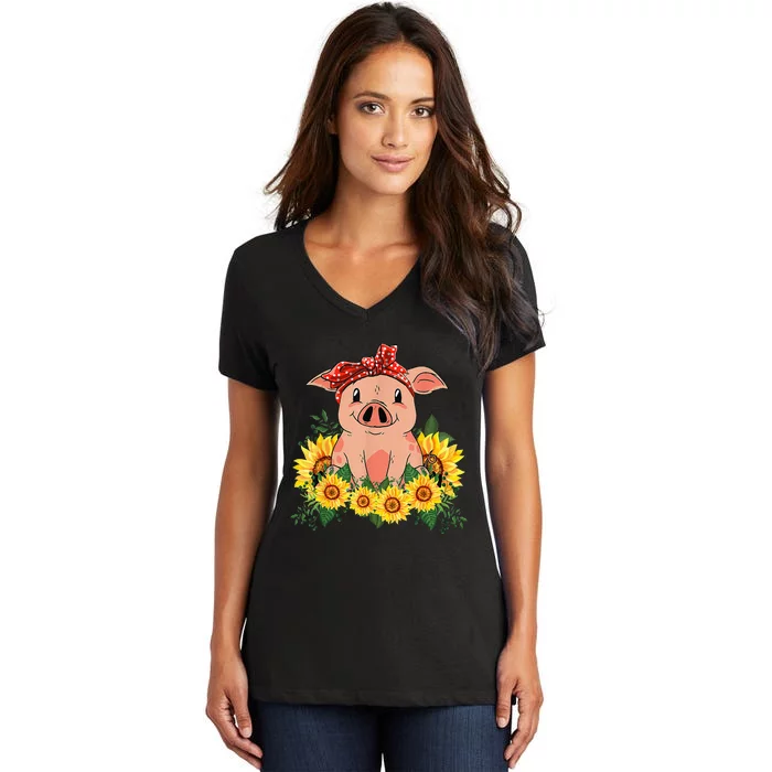 Cute Pig Bandana Sunflower Funny Farm Animal Lover Women's V-Neck T-Shirt