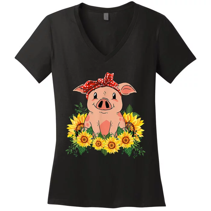 Cute Pig Bandana Sunflower Funny Farm Animal Lover Women's V-Neck T-Shirt