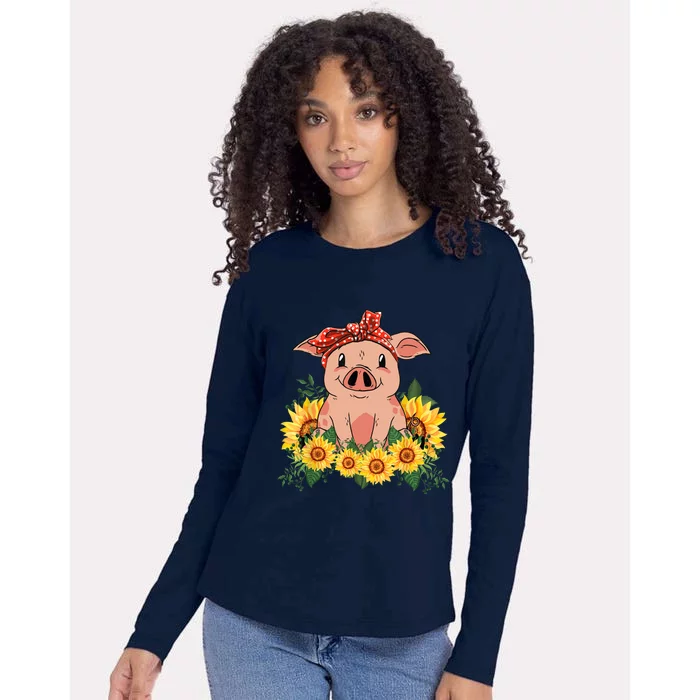 Cute Pig Bandana Sunflower Funny Farm Animal Lover Womens Cotton Relaxed Long Sleeve T-Shirt