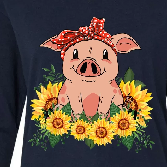 Cute Pig Bandana Sunflower Funny Farm Animal Lover Womens Cotton Relaxed Long Sleeve T-Shirt