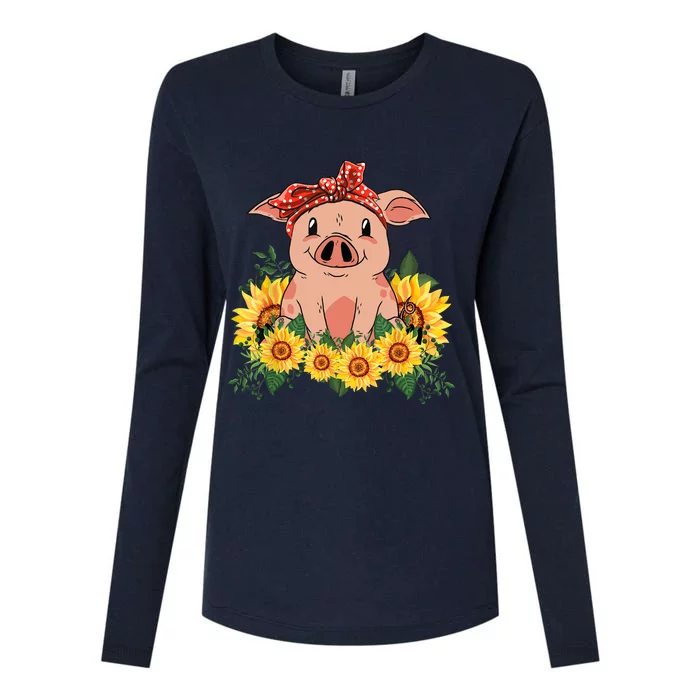 Cute Pig Bandana Sunflower Funny Farm Animal Lover Womens Cotton Relaxed Long Sleeve T-Shirt