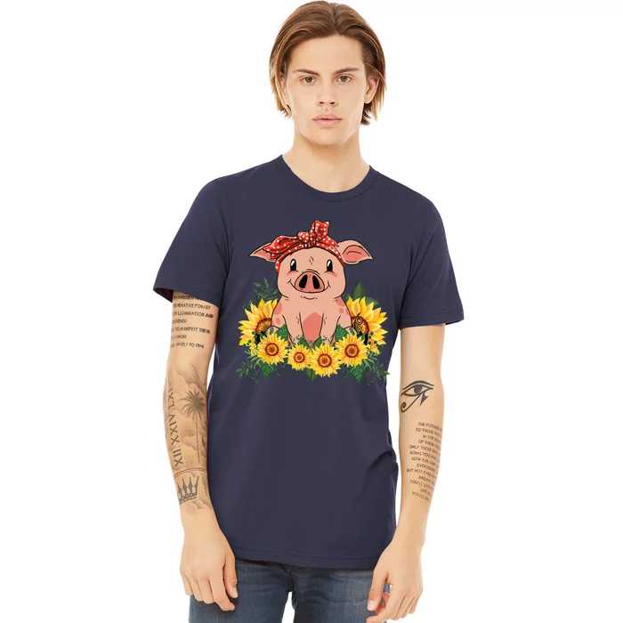 Cute Pig Bandana Sunflower Funny Farm Animal Lover Premium T-Shirt