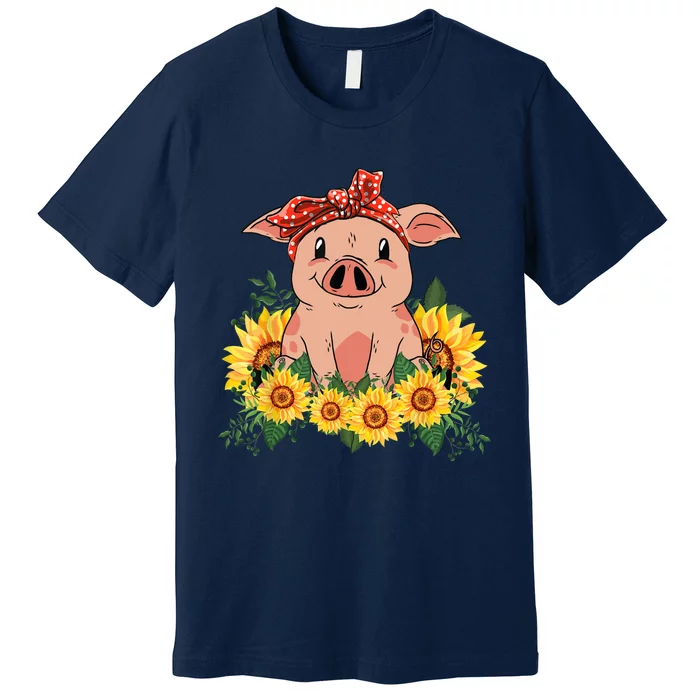 Cute Pig Bandana Sunflower Funny Farm Animal Lover Premium T-Shirt