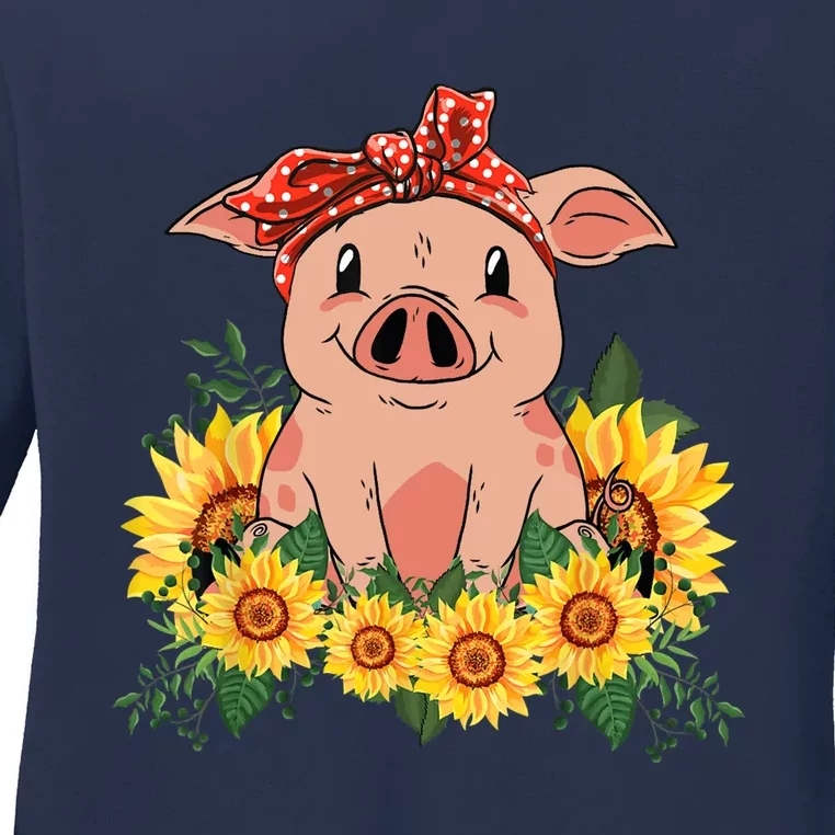 Cute Pig Bandana Sunflower Funny Farm Animal Lover Ladies Long Sleeve Shirt