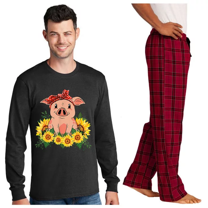 Cute Pig Bandana Sunflower Funny Farm Animal Lover Long Sleeve Pajama Set