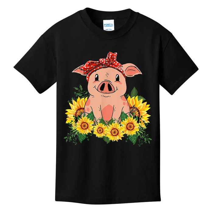 Cute Pig Bandana Sunflower Funny Farm Animal Lover Kids T-Shirt