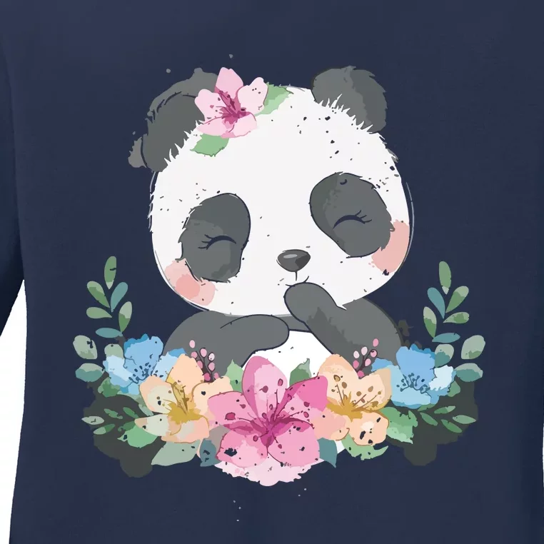 Cute Panda Bear Gift Flower Panda Ladies Long Sleeve Shirt