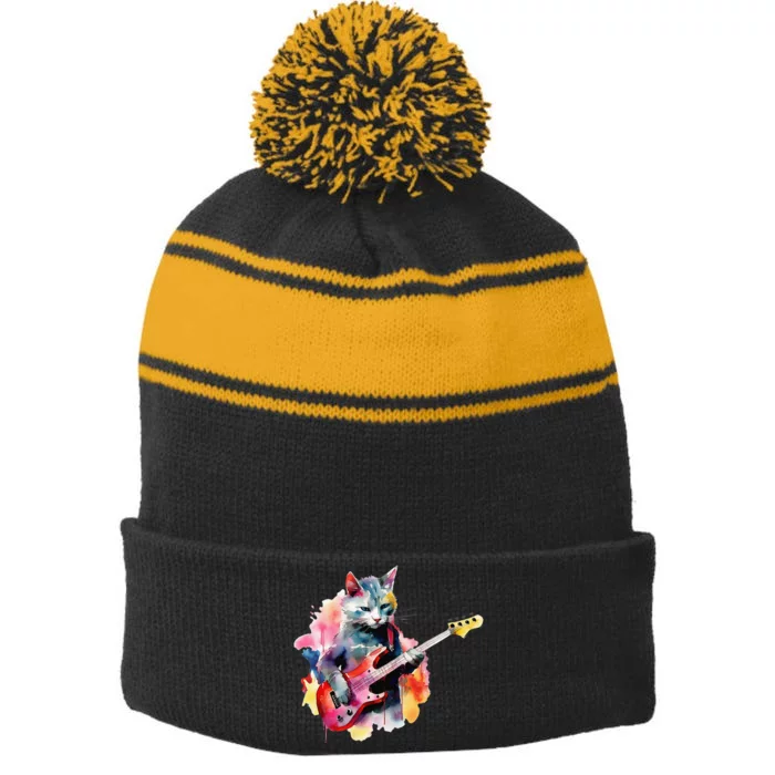 Cat Playing Bass Guitar Watercolor Graphic Design Stripe Pom Pom Beanie