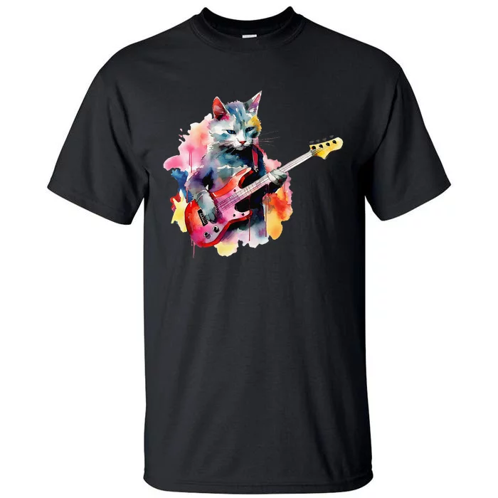 Cat Playing Bass Guitar Watercolor Graphic Design Tall T-Shirt