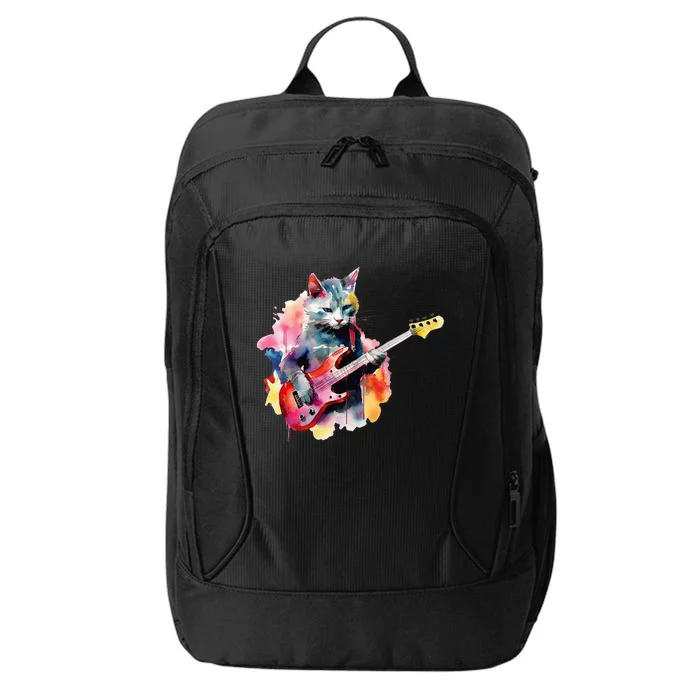 Cat Playing Bass Guitar Watercolor Graphic Design City Backpack