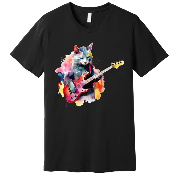 Cat Playing Bass Guitar Watercolor Graphic Design Premium T-Shirt