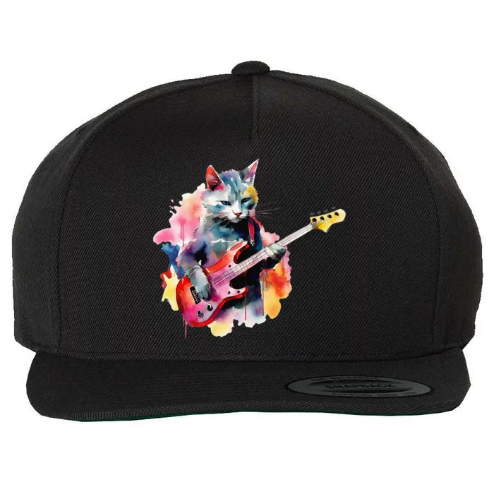 Cat Playing Bass Guitar Watercolor Graphic Design Wool Snapback Cap