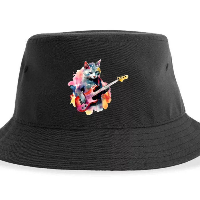 Cat Playing Bass Guitar Watercolor Graphic Design Sustainable Bucket Hat