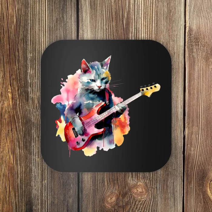 Cat Playing Bass Guitar Watercolor Graphic Design Coaster