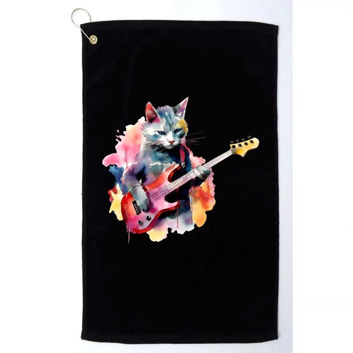 Cat Playing Bass Guitar Watercolor Graphic Design Platinum Collection Golf Towel