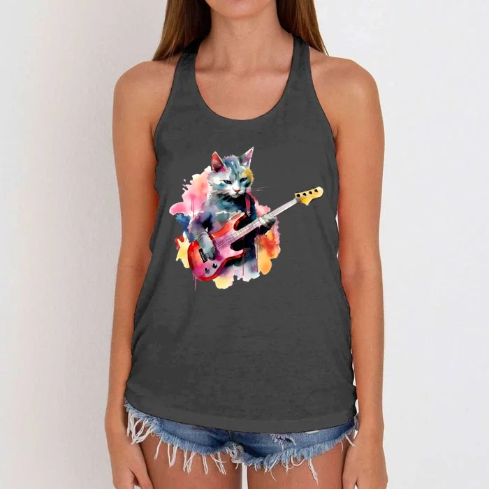 Cat Playing Bass Guitar Watercolor Graphic Design Women's Knotted Racerback Tank