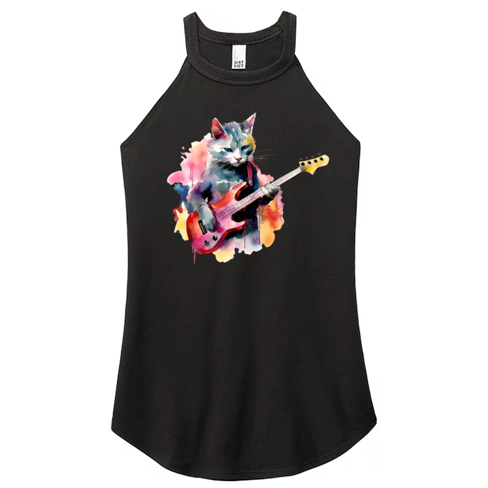 Cat Playing Bass Guitar Watercolor Graphic Design Women’s Perfect Tri Rocker Tank