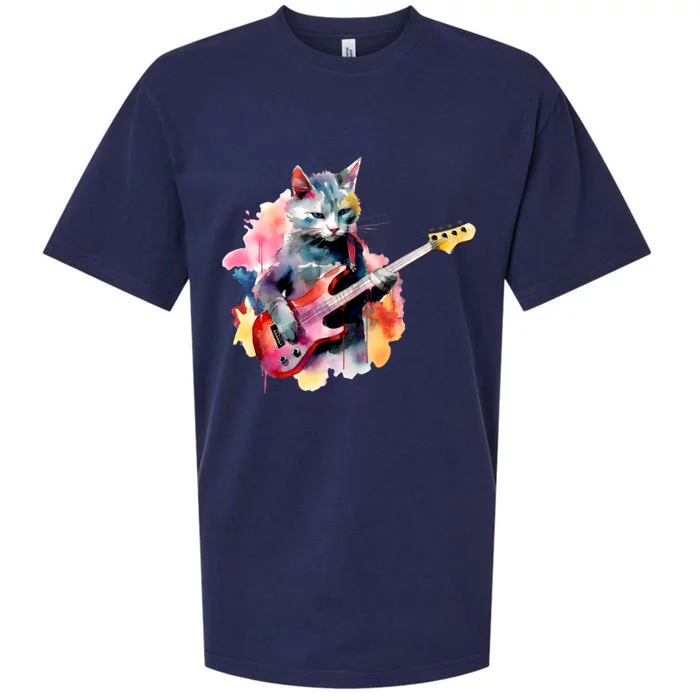 Cat Playing Bass Guitar Watercolor Graphic Design Sueded Cloud Jersey T-Shirt