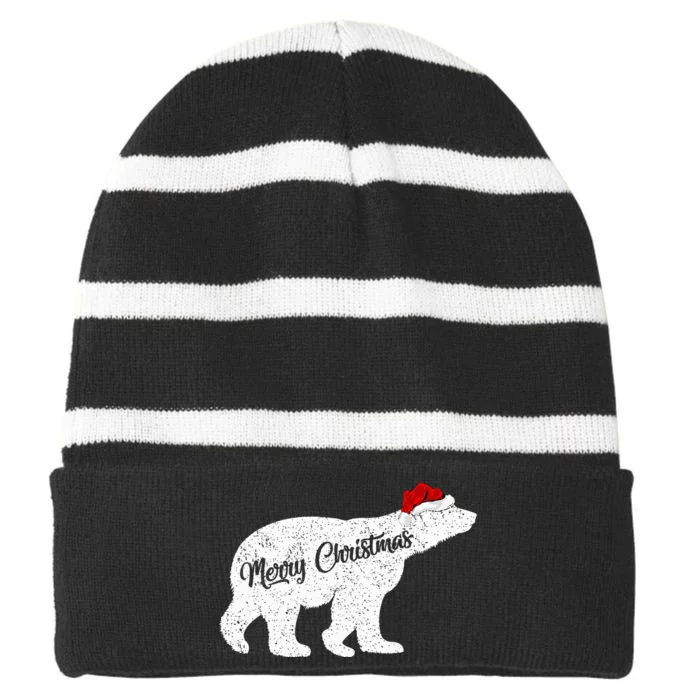 Christmas Polar Bear Santa Hat Festive Animal Lover Gift Striped Beanie with Solid Band