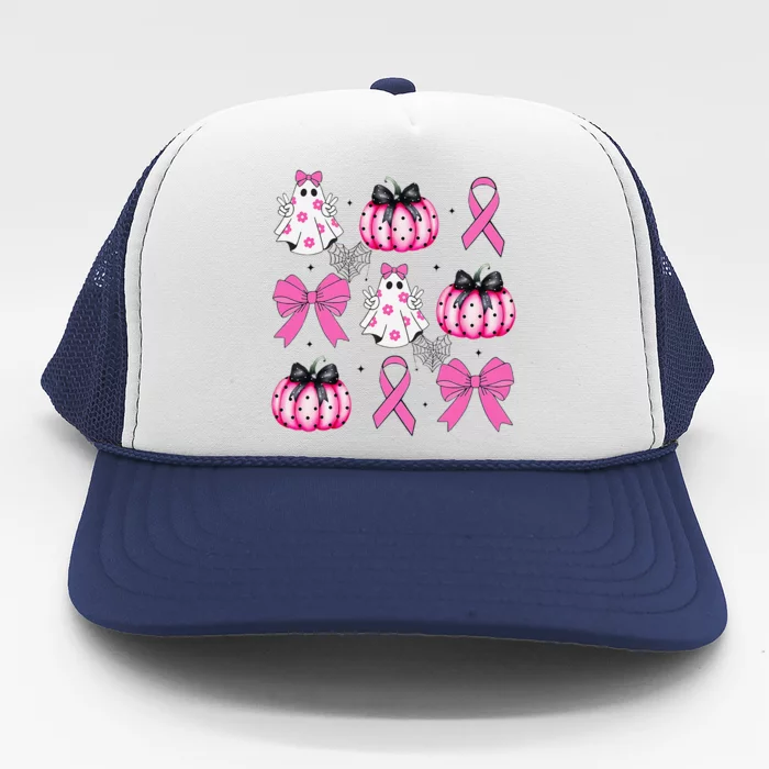 Coquette Pumpkin Breast Cancer Awareness Ghost Halloween Trucker Hat