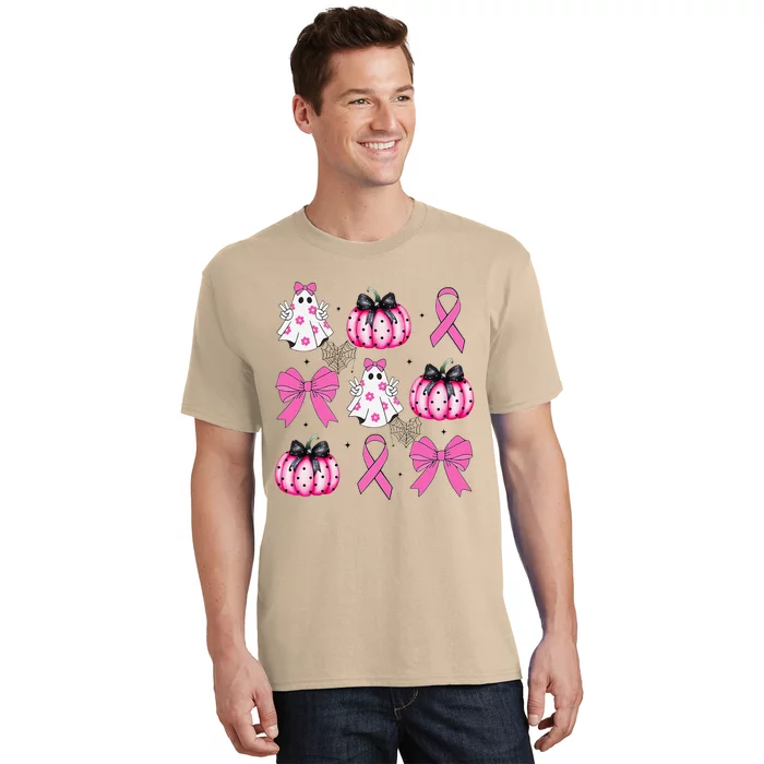 Coquette Pumpkin Breast Cancer Awareness Ghost Halloween T-Shirt