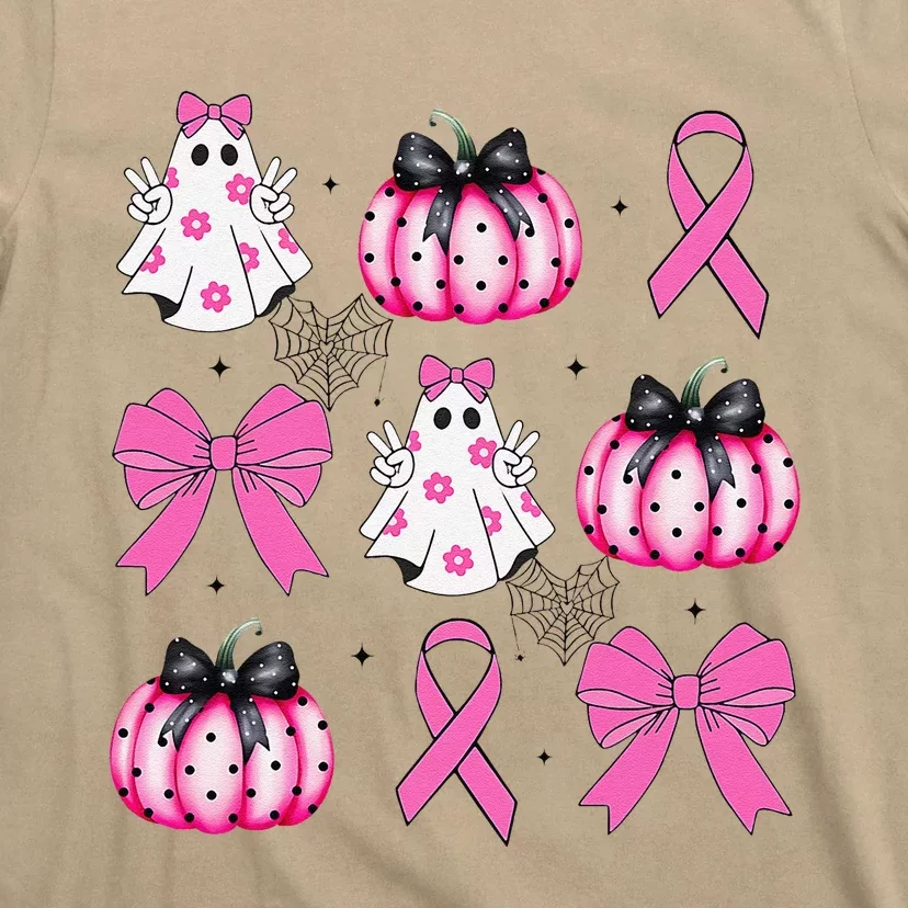 Coquette Pumpkin Breast Cancer Awareness Ghost Halloween T-Shirt