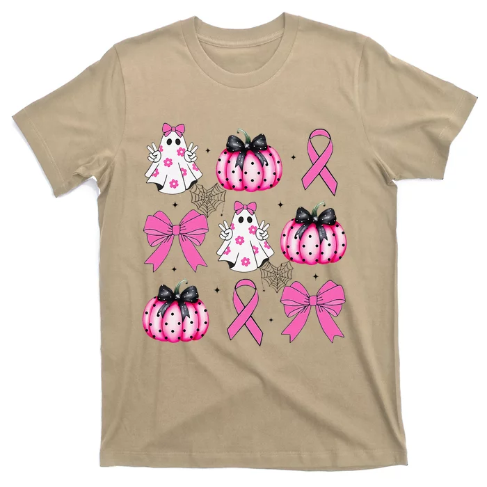 Coquette Pumpkin Breast Cancer Awareness Ghost Halloween T-Shirt