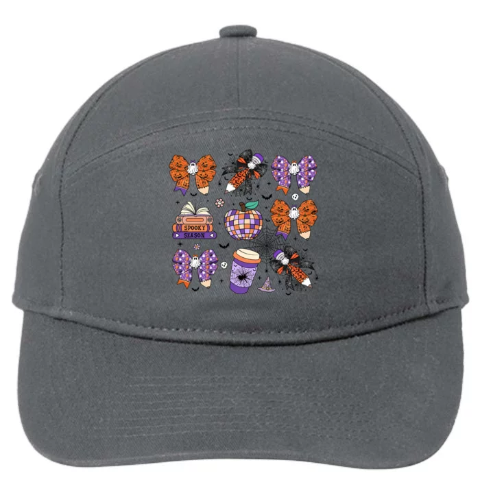 Coquette Pencil Bows Book Coffee Spooky Teacher Halloween Gift 7-Panel Snapback Hat