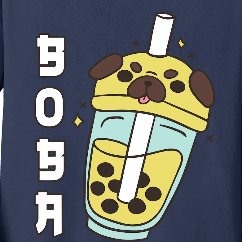 Cute Pug Boba Tea Kawaii Anime Japanese Funny Dog Lover Gift Kids Long Sleeve Shirt