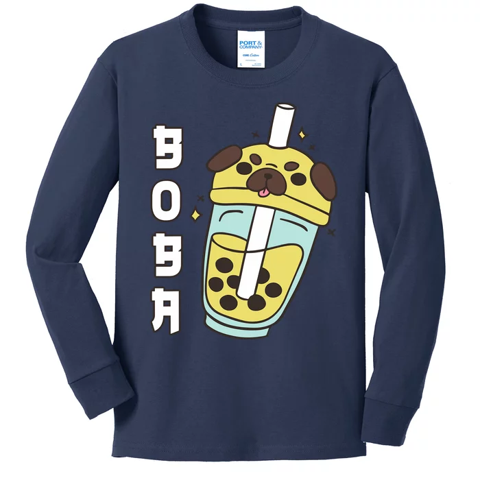 Cute Pug Boba Tea Kawaii Anime Japanese Funny Dog Lover Gift Kids Long Sleeve Shirt