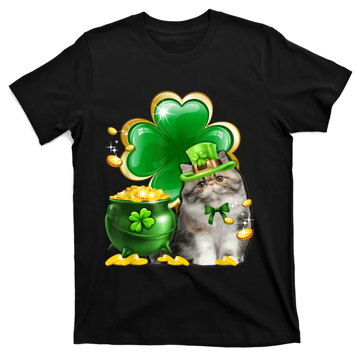 Cute Persian Cat Shamrock Irish Saint St Patrick Day T-Shirt