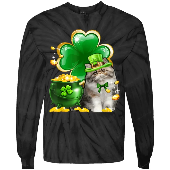 Cute Persian Cat Shamrock Irish Saint St Patrick Day Tie-Dye Long Sleeve Shirt