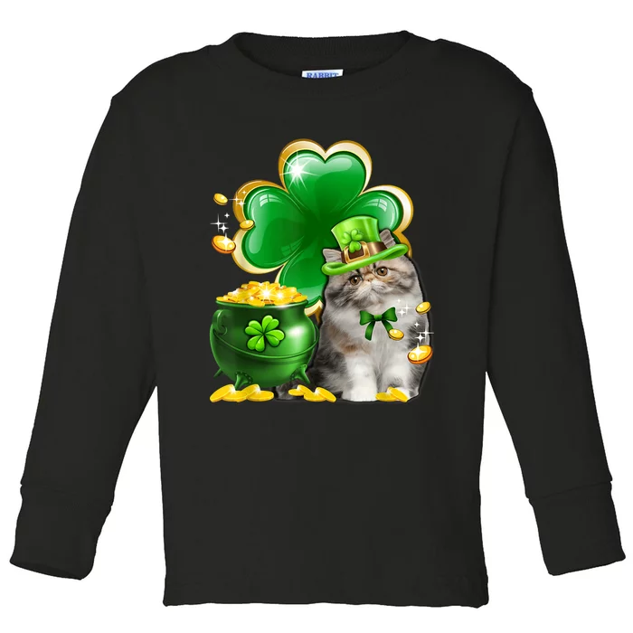 Cute Persian Cat Shamrock Irish Saint St Patrick Day Toddler Long Sleeve Shirt