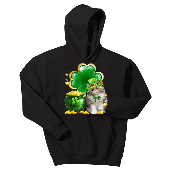 Cute Persian Cat Shamrock Irish Saint St Patrick Day Kids Hoodie