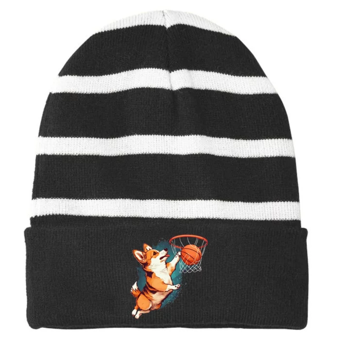 Corgi Puppy Corgi Basketball For Pet Lovers Women Men Kids Striped Beanie with Solid Band