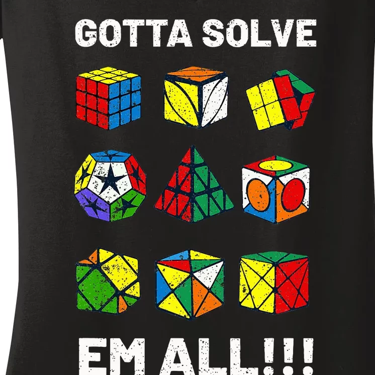 Competitive Puzzle Cube Gotta Solve Em All Speed Cubing Women's V-Neck T-Shirt