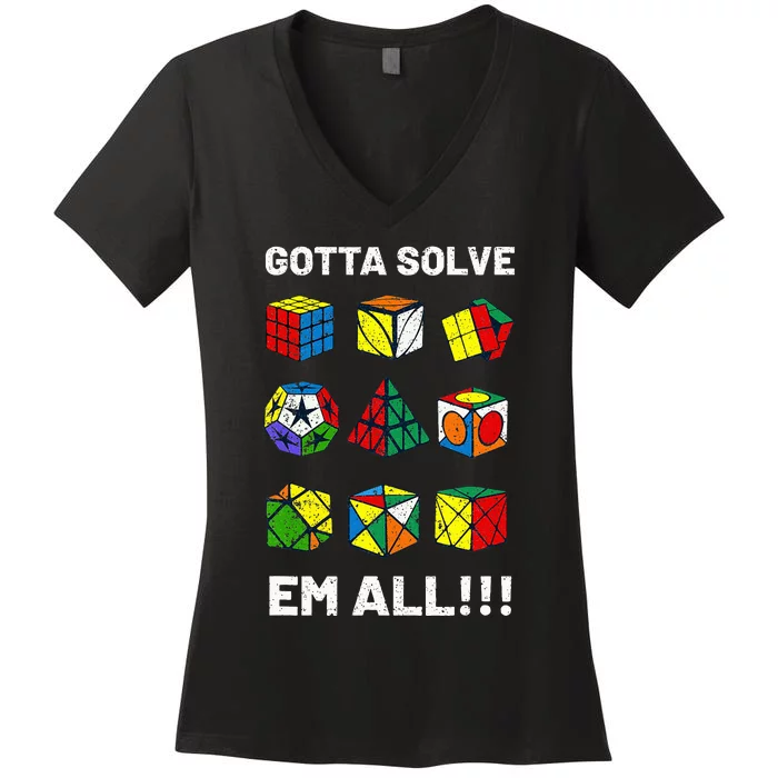 Competitive Puzzle Cube Gotta Solve Em All Speed Cubing Women's V-Neck T-Shirt