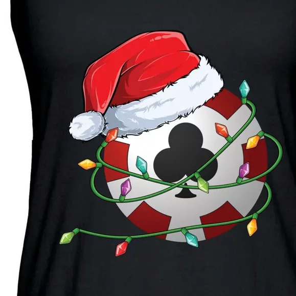 Christmas Poker Chip In Santa Hat Wrapped In Holiday Lights Ladies Essential Flowy Tank