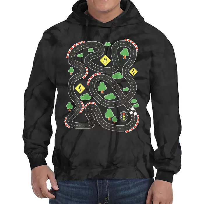 Cool Playmat Car Race Track On Back Dad Tie Dye Hoodie