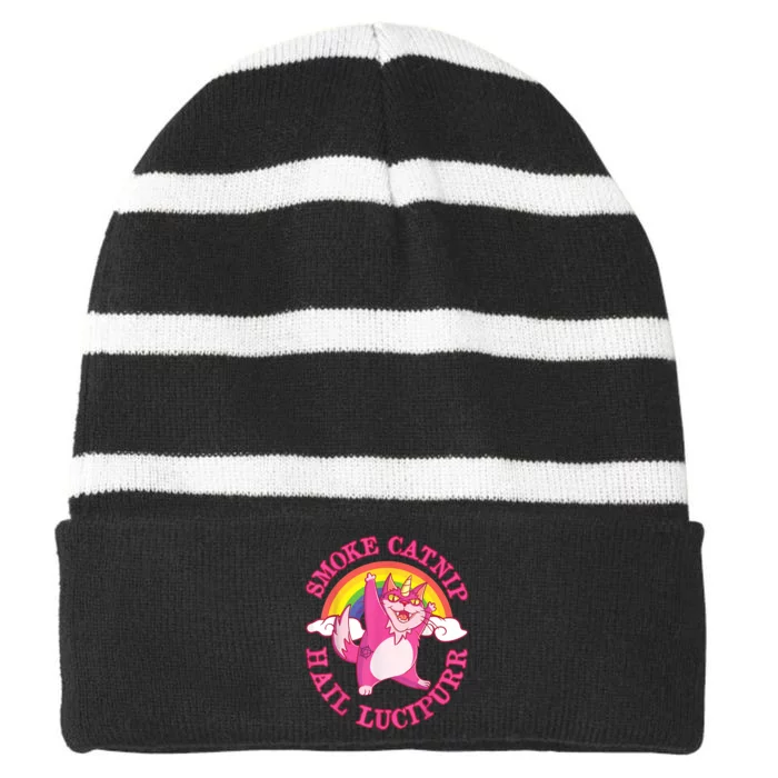 Caticorn Pink Cat Unicorn Rainbow Smoke Catnip Hail Lucipurr Striped Beanie with Solid Band