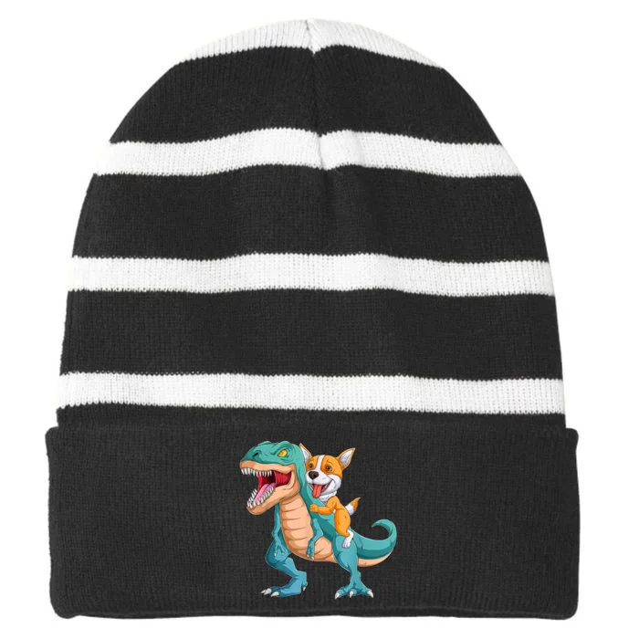 Corgi Puppy Corgi T Rex Dinosaur For Pet Lovers Striped Beanie with Solid Band