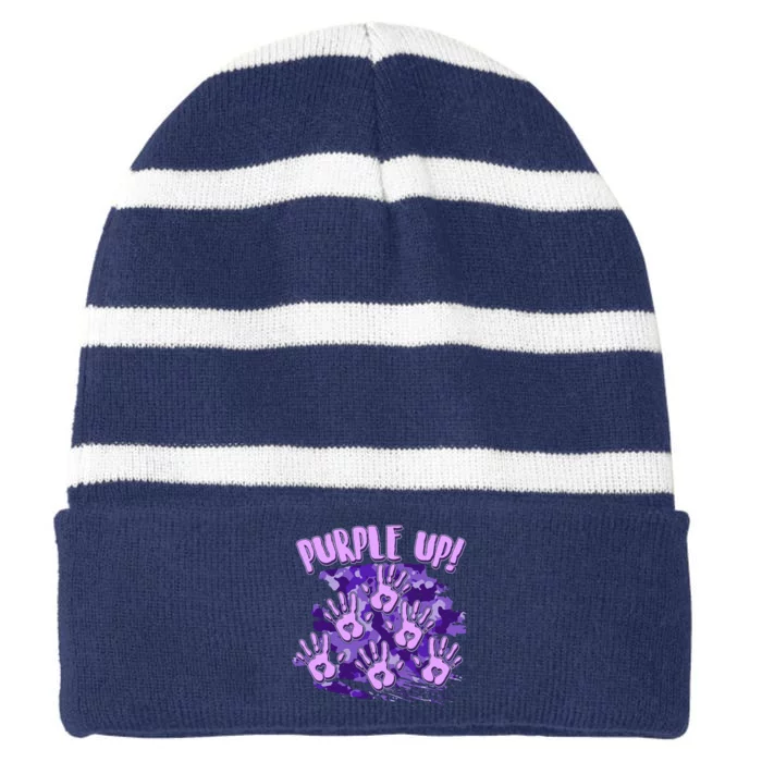 Cool Purple Camouflage Camo Hand Prints Striped Beanie with Solid Band