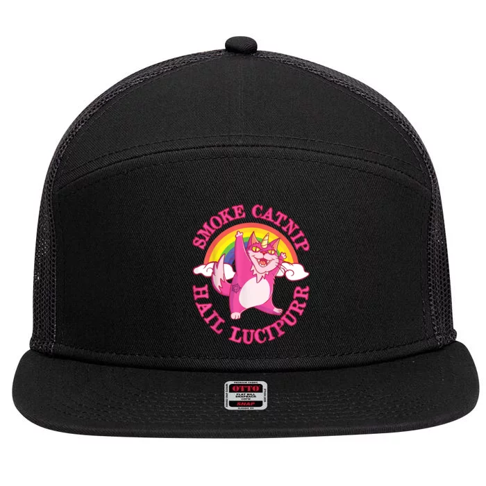 Caticorn Pink Cat Unicorn Rainbow Smoke Catnip Hail Lucipurr 7 Panel Mesh Trucker Snapback Hat