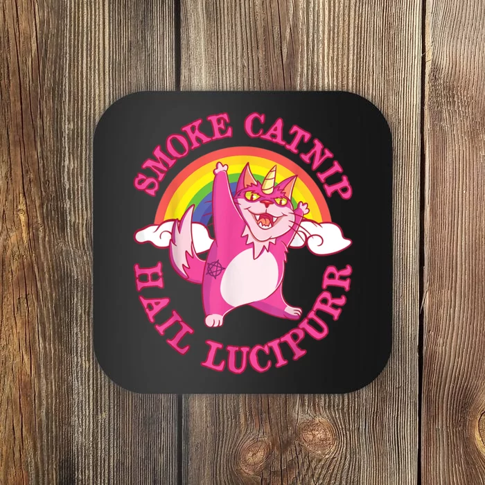 Caticorn Pink Cat Unicorn Rainbow Smoke Catnip Hail Lucipurr Coaster