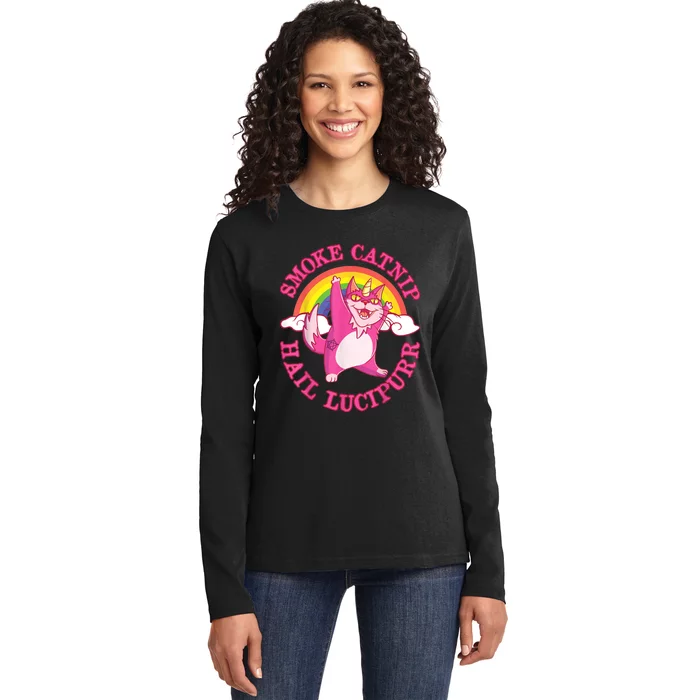 Caticorn Pink Cat Unicorn Rainbow Smoke Catnip Hail Lucipurr Ladies Long Sleeve Shirt